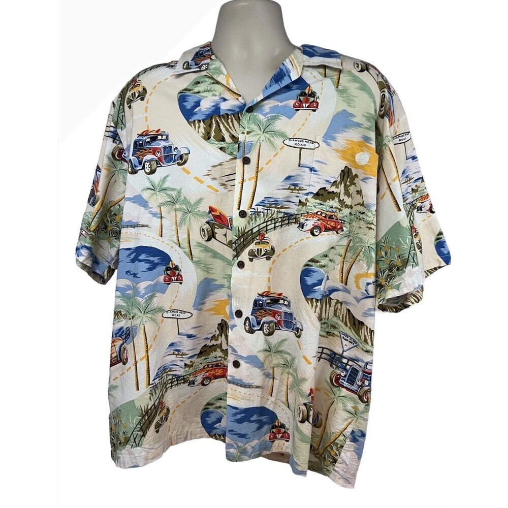 Kolekole Vintage Hawaiian Button Up Shirt 2XL Pocket Classic Cars Hot Rods USA